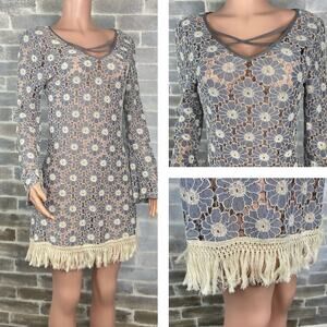 Gorgeous Lace Like Party Dress Bell Sleeves Fringe Hem Blue & Cream Size Medium